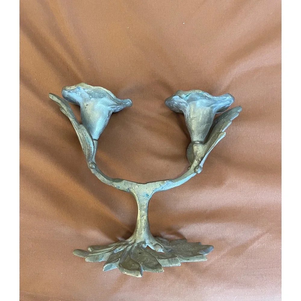 Vintage Brass Double‎ Lily Candelabra Art Nouveau Floral Taper Candle Holder